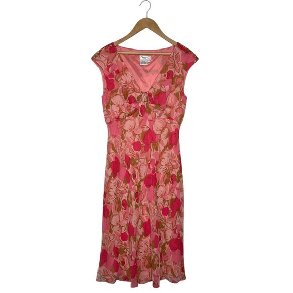 Maggy London Dresses & Skirts - VTG Maggy London Dress Womens 10 Silk Midi Floral V Neck Lined Cap Sleeve Pink